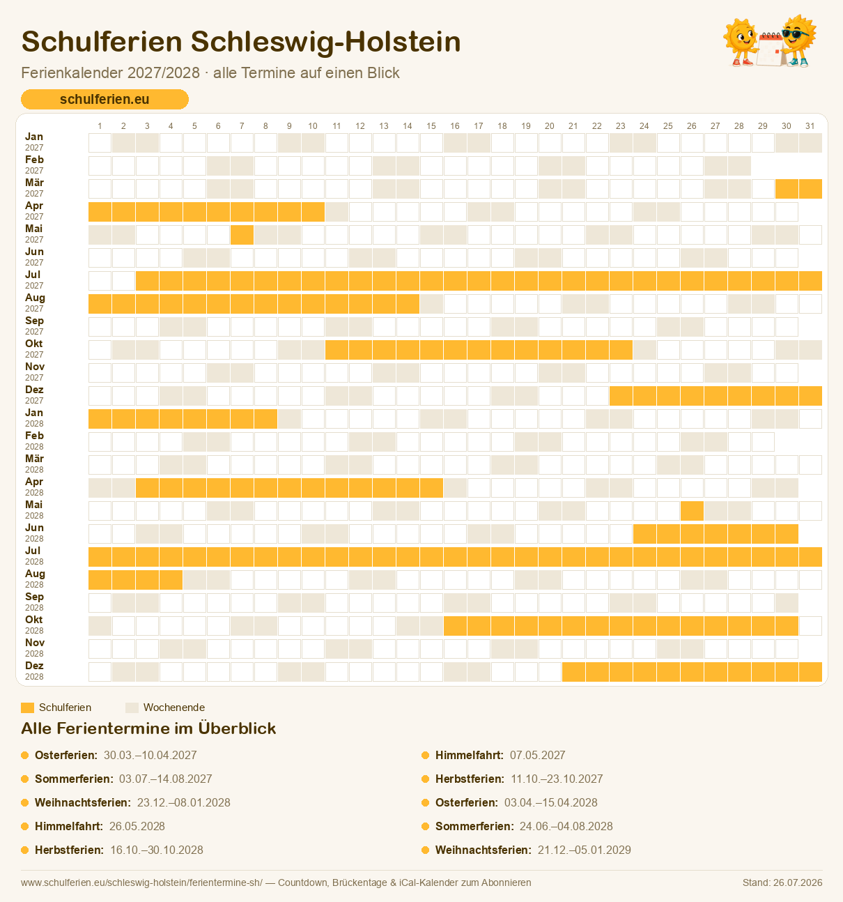Ferienkalender Schleswig-Holstein 2027/2028: alle Schulferien-Termine als Kalender-Grafik