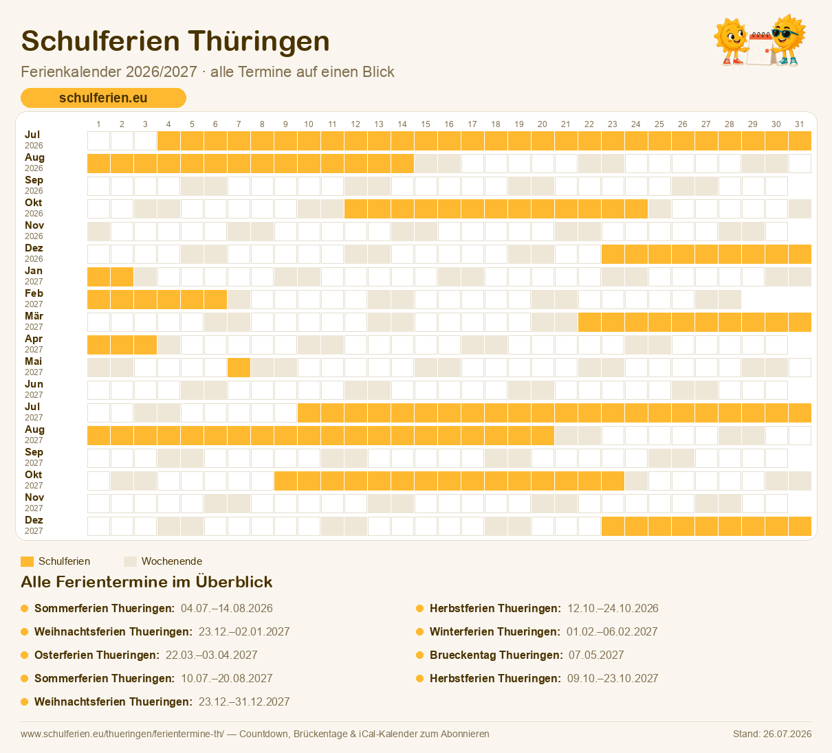 Ferienkalender Thüringen 2026/2027: alle Schulferien-Termine als Kalender-Grafik